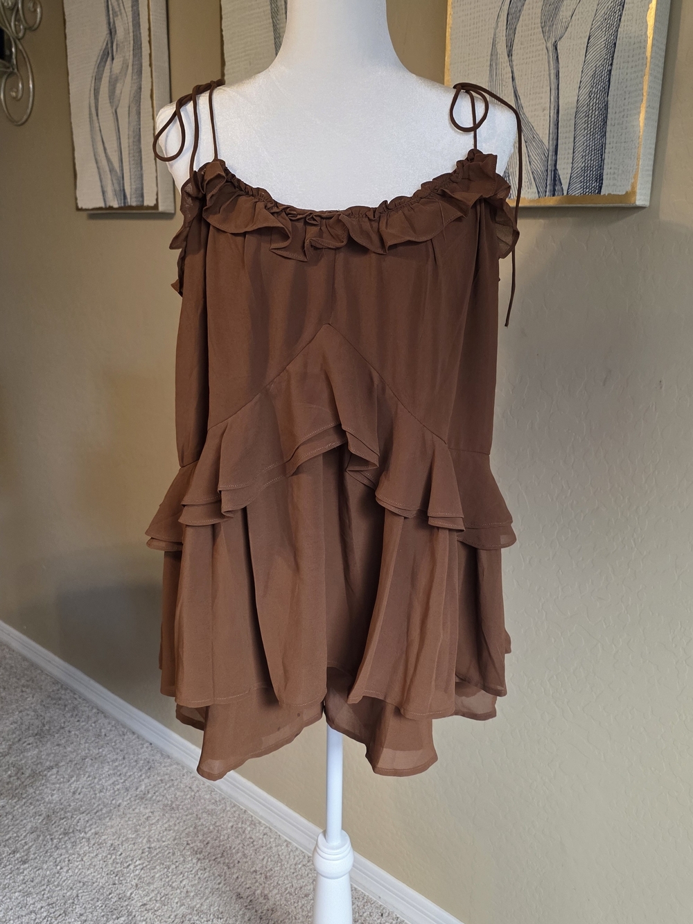 NWT Altar’d State Chocolate Brown Ruffle Mini Dress M $78